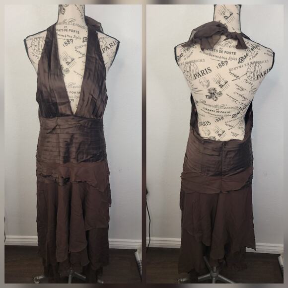 BCBG Maxazria Halter Maxi Dress SZ L 100% Silk Asymmetric Fairy Brown Whimsygoth